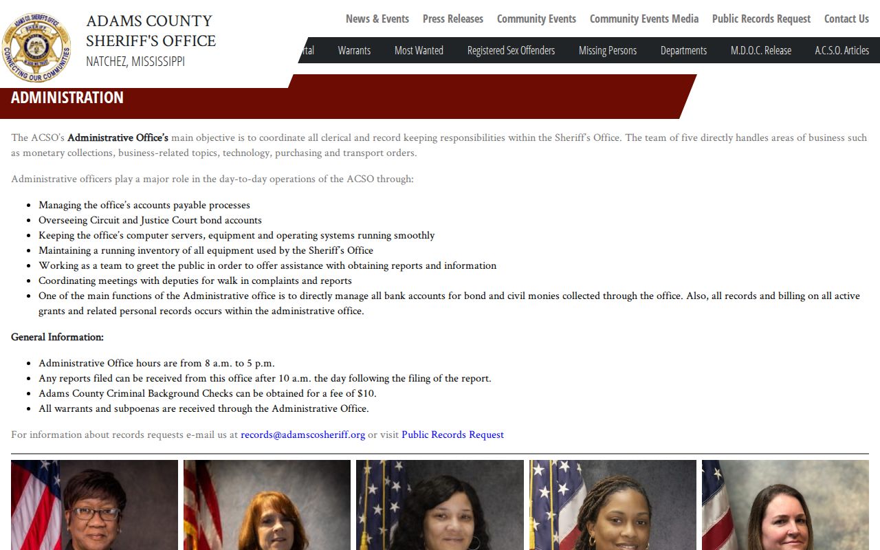 Adams County Sheriff's Office administration page showing warrant and subpoena routing