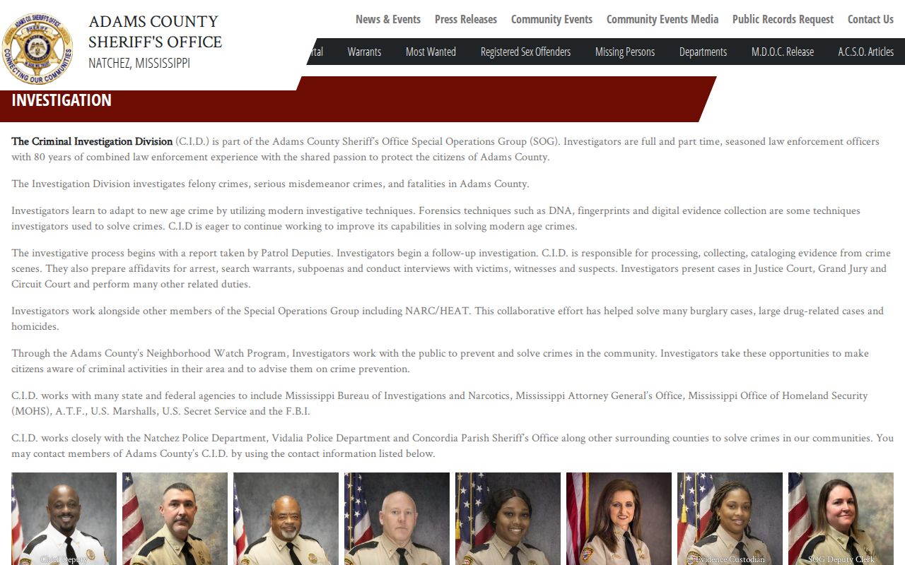 Adams County Sheriff's Office Investigations page describing arrest and search warrant affidavits