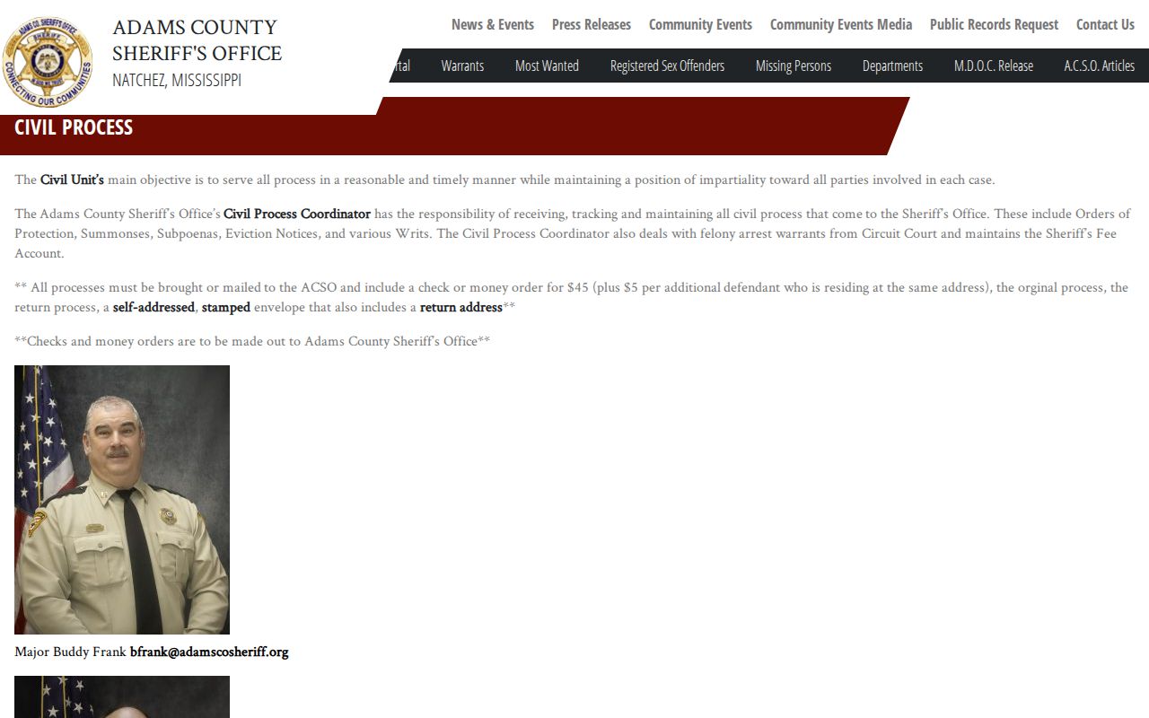 Adams County Sheriff's Office Civil Unit page describing felony warrant service