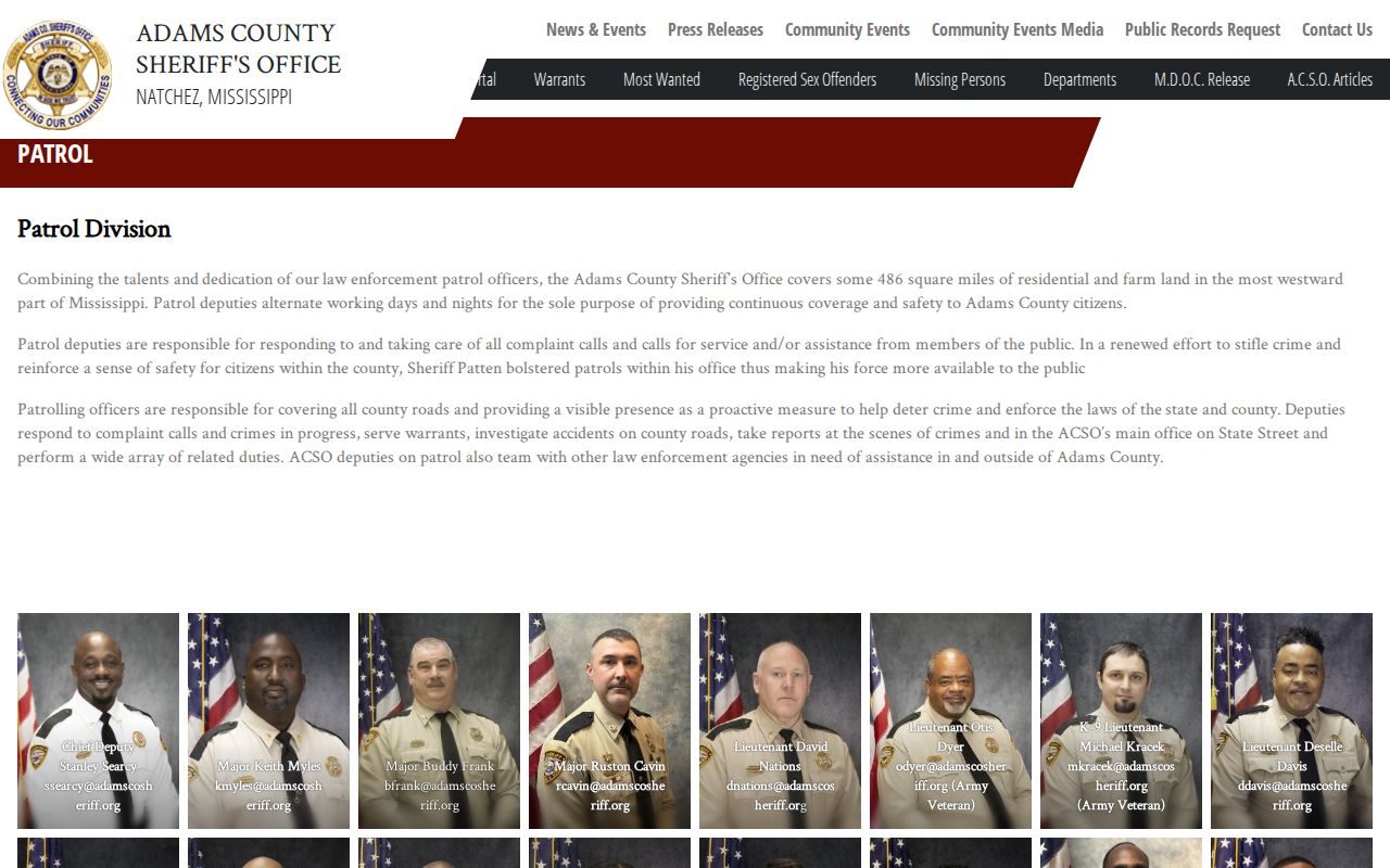 Adams County Sheriff's Office patrol page describing county coverage and warrant service