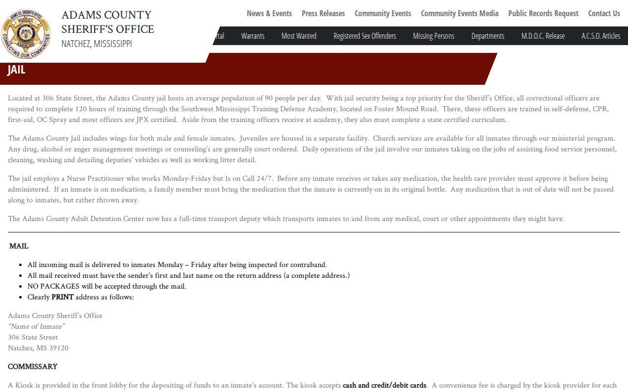 Adams County jail location and visitation information page