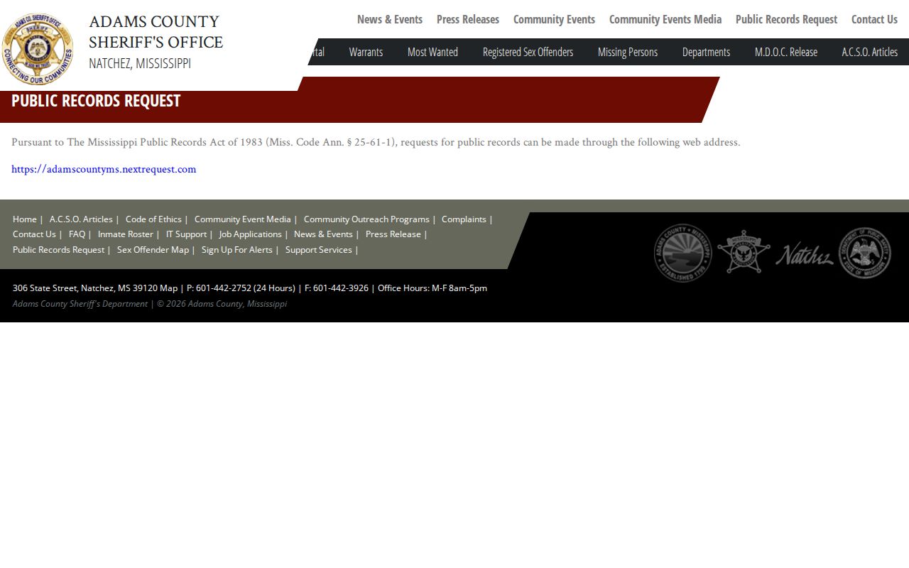 Adams County Sheriff's Office public records request page