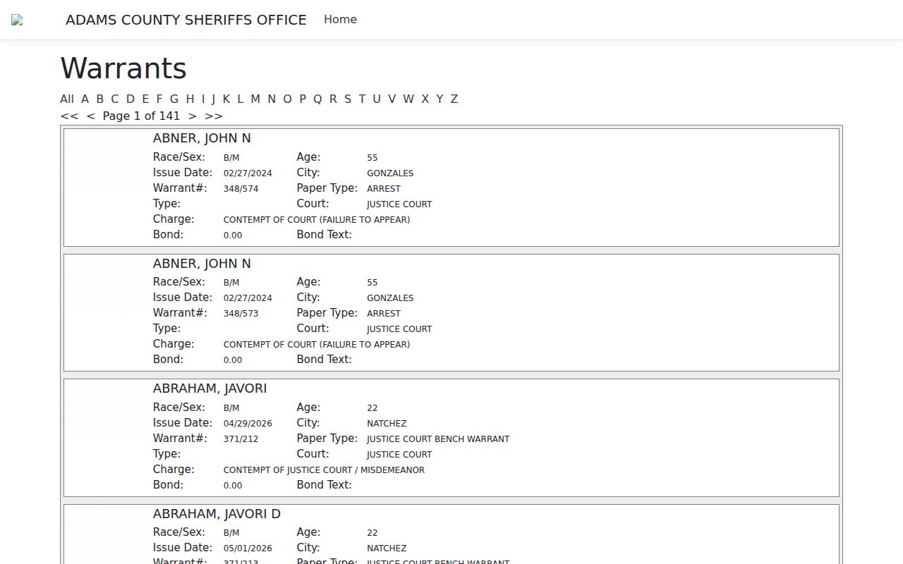 Sheriff-linked warrant interface showing alphabetical tabs and pagination, jurisdiction unverified