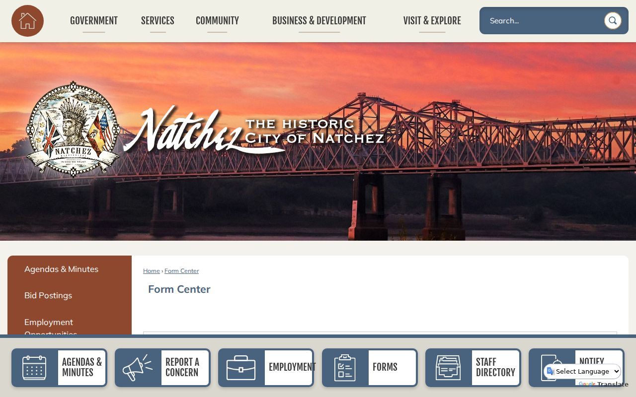 Natchez Form Center index page with no visible warrant search form