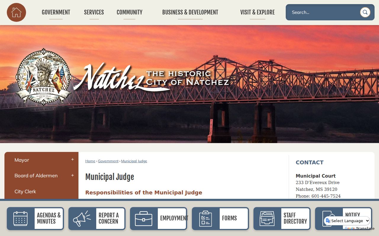 Natchez Municipal Judge page describing court location and jurisdiction