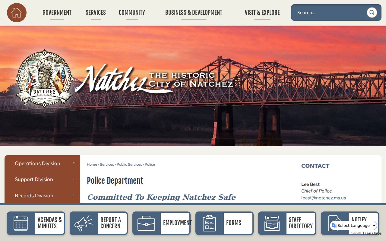 Natchez Police Department page with hours and investigations information