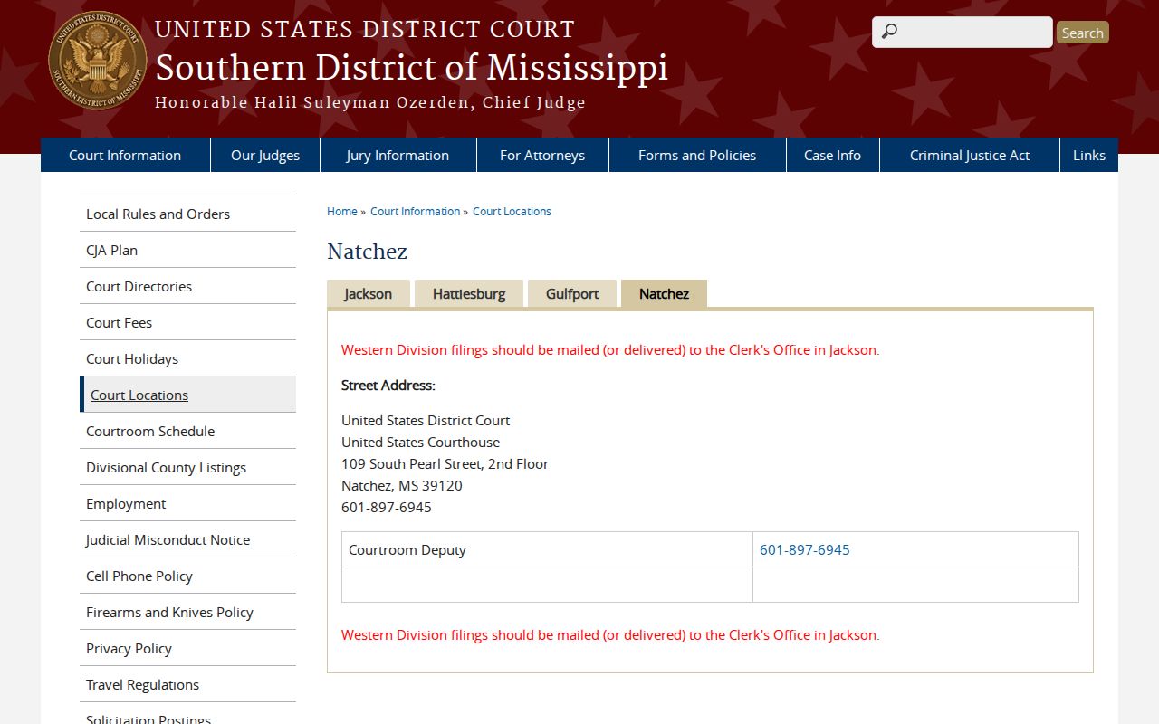 Southern District of Mississippi federal courthouse office in Natchez