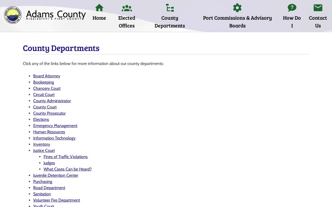 Adams County government departments page listing the separate county courts