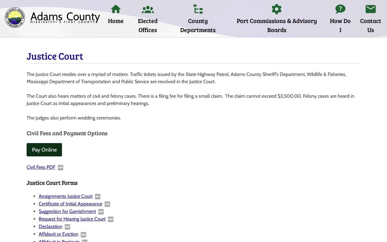 Adams County Justice Court page listing traffic issuing agencies and forms